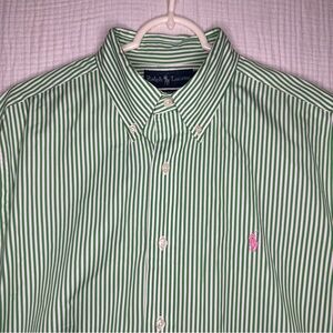 Ralph Lauren Classic Fit Button Down Long Sleeve Green Stripe Shirt Pink Pony-L
